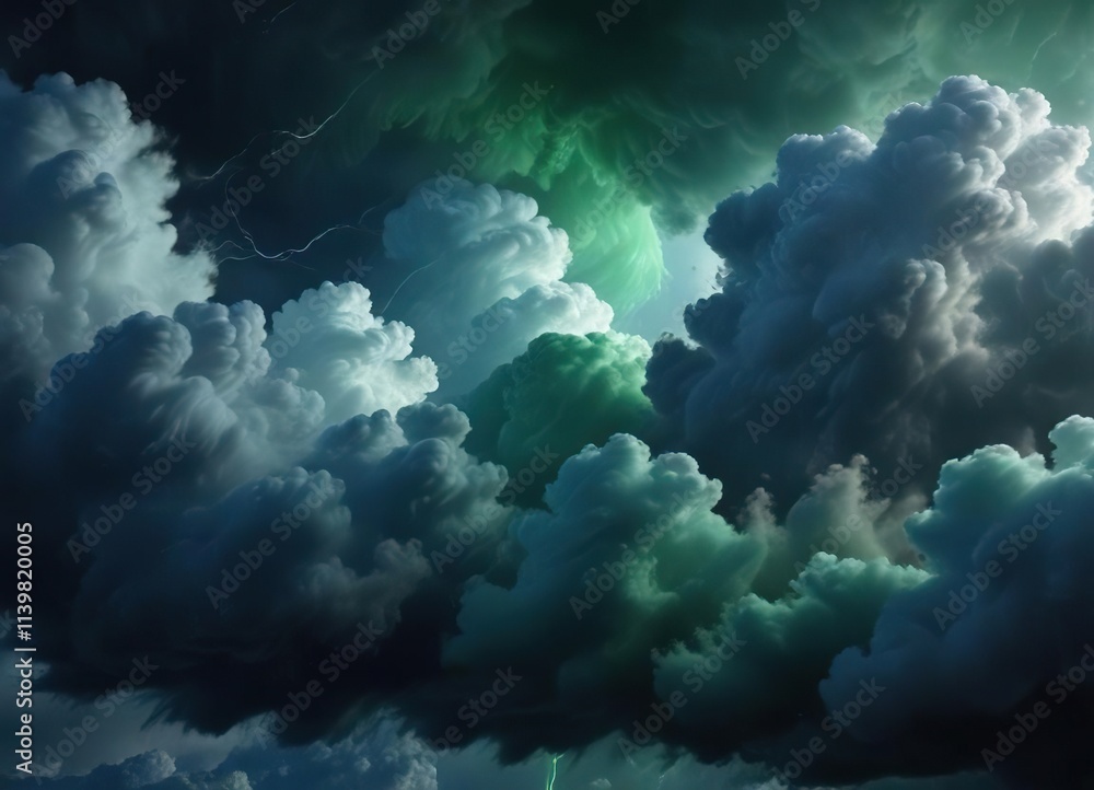 Naklejka premium Swirling Storm Clouds in an Abstract Dark Blue and Green Skiescape, cloudy sky, turbulent air