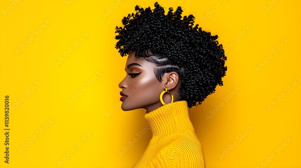 Digital portrait of a young Black woman, close-up of her face with short natural hair, bright yellow sweater accentuating her warm expression Digital portrait of a young Black woman, close-up of her face with short natural hair, bright yellow sweater accentuating her warm expression