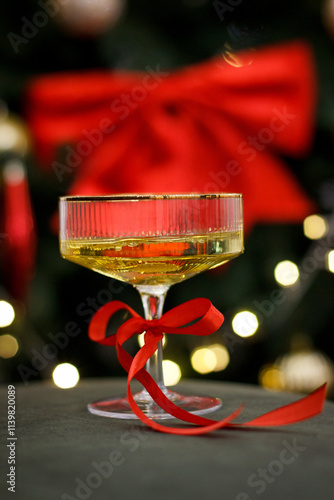 Champagne Glass on a Blurred Christmas Tree Background