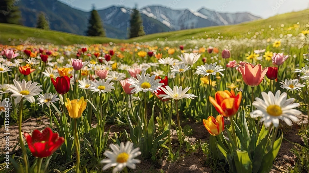 Alpine Meadow Bloom: A vibrant tapestry of wildflowers dances in the gentle breeze, painting a breathtaking panorama against the backdrop of majestic snow-capped mountains.