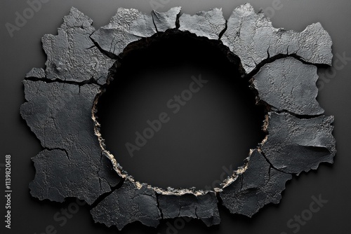 A circular hole in a cracked black surface exposes a lighter backdrop. The jagged edges highlight the texture and depth, creating an intriguing visual contrast photo