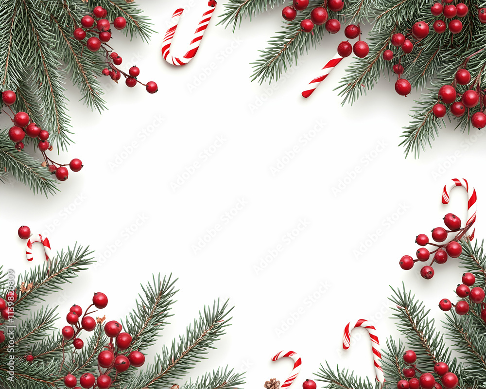 Festive Christmas frame with fir branches, berries, and candy canes on white background. Festive Christmas frame with fir branches, berries, and candy canes on white background.