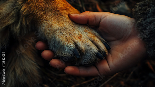 Close-up Dog paws with a spot in the form of a heart and human hand, trust, love, the help between the person and a dog photo