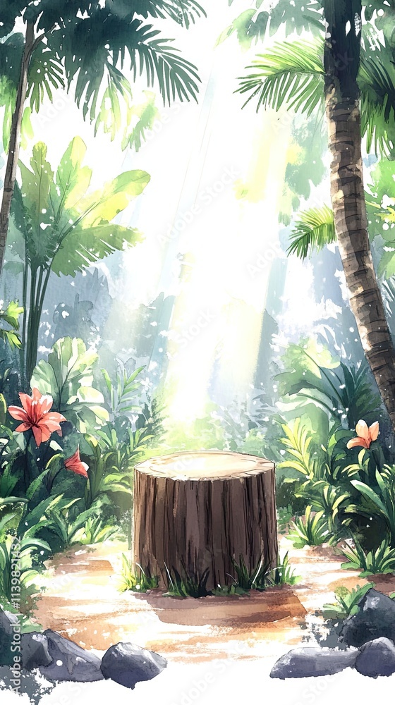 A wooden stump in the middle of a lush jungle with sunrays shining down, creating a mystical feel. A wooden stump in the middle of a lush jungle with sunrays shining down, creating a mystical feel.