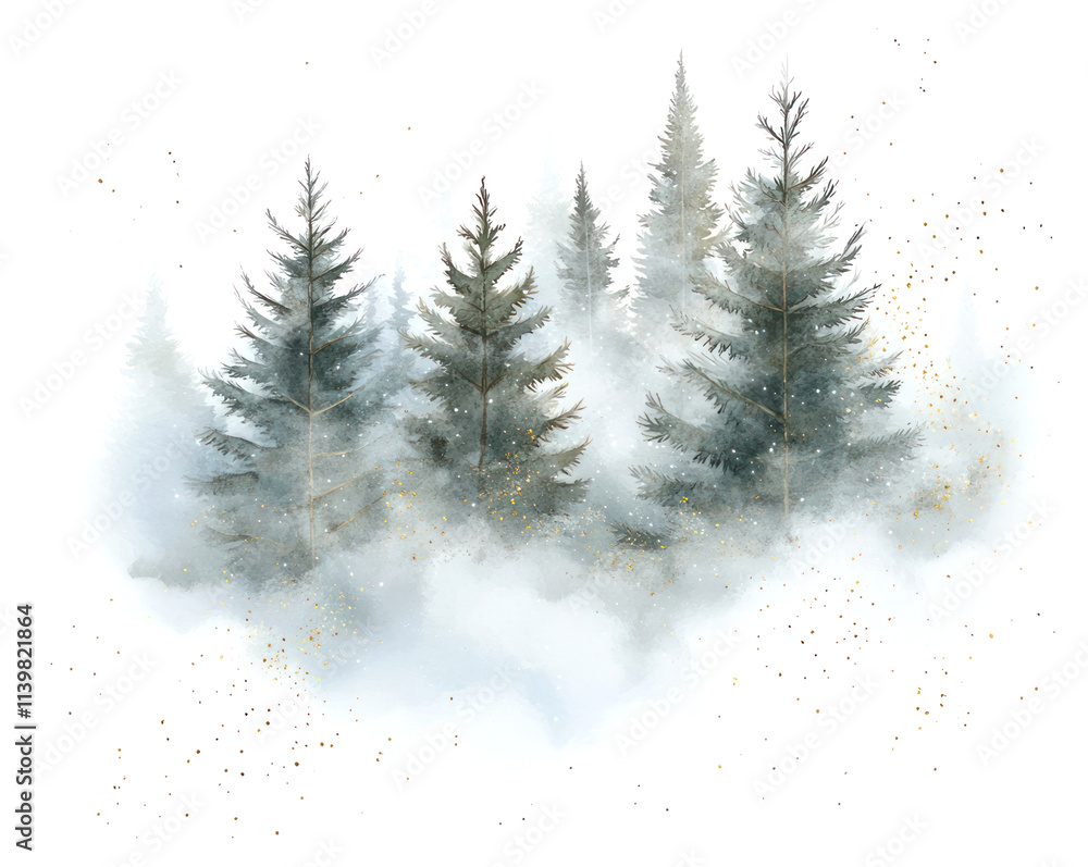Fototapeta premium PNG Watercolor snow forest trees nature misty.