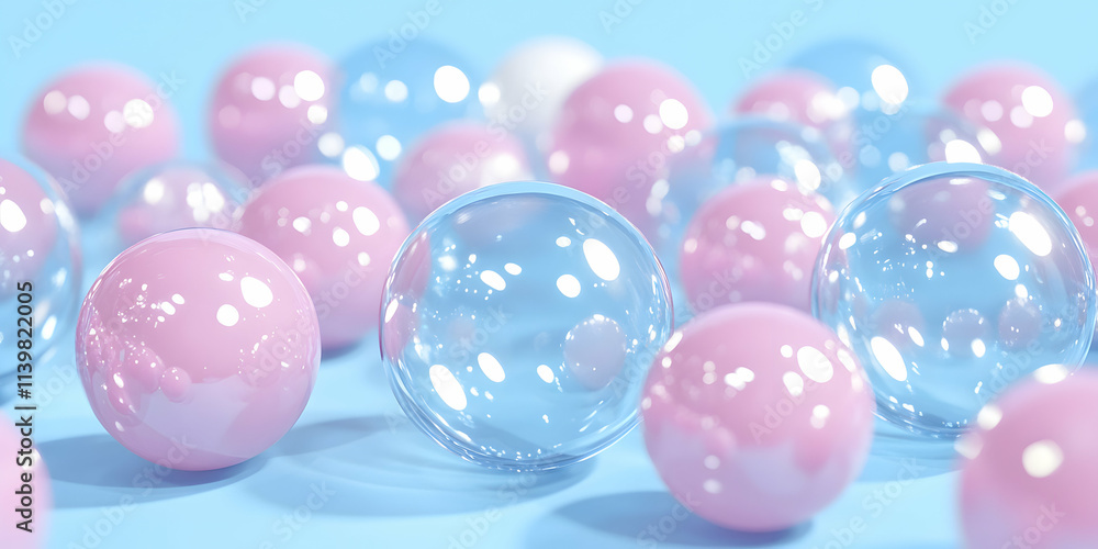 Pastel Spheres, Light Reflecting on Smooth Surfaces, Creating a Dreamy Atmosphere. Pink and Blue Bubbles Dance in Gentle Light. Pastel Spheres, Light Reflecting on Smooth Surfaces, Creating a Dreamy Atmosphere. Pink and Blue Bubbles Dance in Gentle Light.