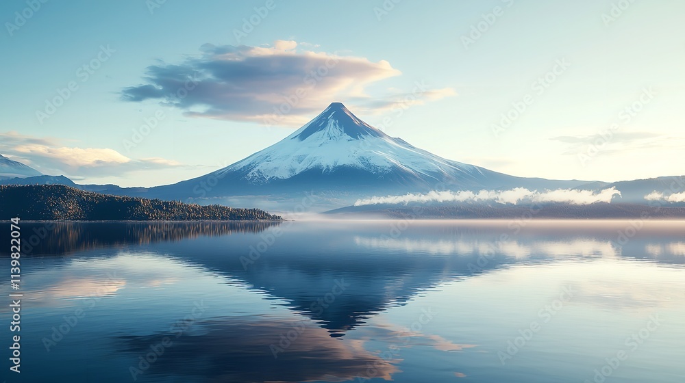 Volcanic mountain in morning light reflected in a calm lake. Volcanic mountain in morning light reflected in a calm lake.