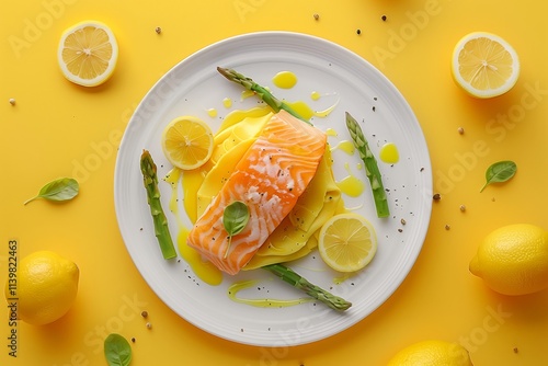 Fresh salmon with lemon slices and asparagus on a vibrant yellow plate. photo