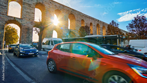 Photography busy traffic on Istanbul city road, cityscape, Ataturk Boulevard, Turkey, cars a