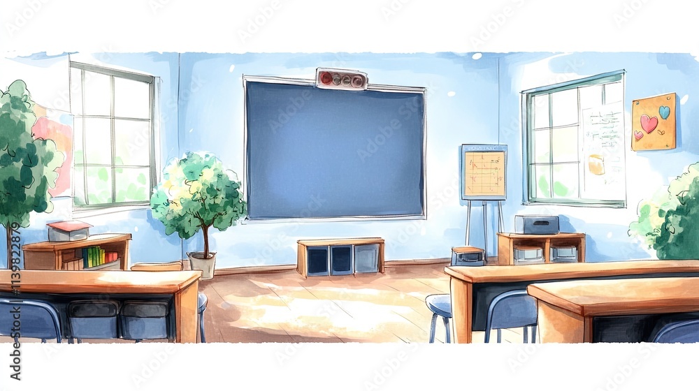 Fototapeta premium An empty classroom with two rows of desks, a blackboard, two windows, and a potted plant.