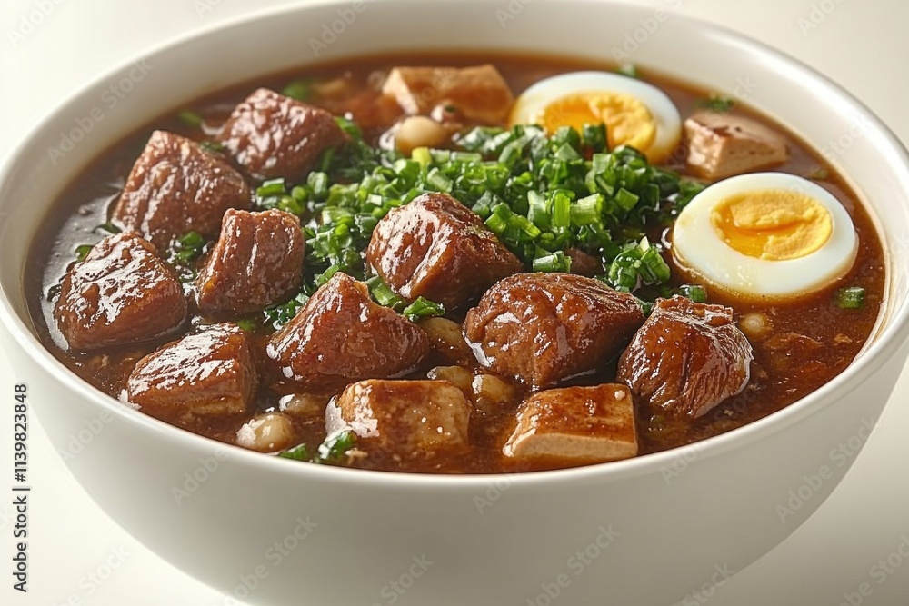 A bowl filled with hearty beef stew featuring tender pieces of meat, boiled eggs, and a generous topping of fresh green onions. The rich broth adds depth to the dish A bowl filled with hearty beef stew featuring tender pieces of meat, boiled eggs, and a generous topping of fresh green onions. The rich broth adds depth to the dish