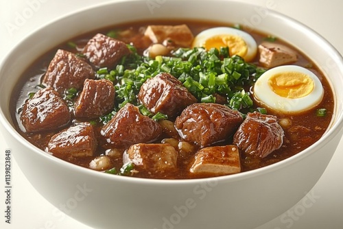 A bowl filled with hearty beef stew featuring tender pieces of meat, boiled eggs, and a generous topping of fresh green onions. The rich broth adds depth to the dish