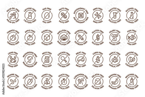 Natural products icons set. Organic. Eco-products. Allergen free badges. Sugar free, lactose free, gmo free, No Soy, Transfat, Nut, Gluten, Corn, Dairy, Sugar.