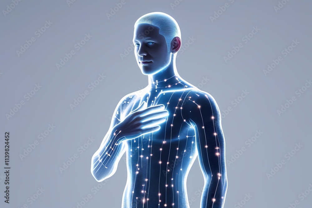 This image features a virtual hologram standing against a pure white background, with one hand on the chest, as if introducing itself. The figure is formed from electronic fibers connected at glowing This image features a virtual hologram standing against a pure white background, with one hand on the chest, as if introducing itself. The figure is formed from electronic fibers connected at glowing