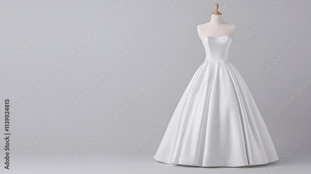 A light gray satin ball gown featuring a bodice and a full skirt, creating an elegant and graceful look.
A light gray satin ball gown featuring a bodice and a full skirt, creating an elegant and graceful look.