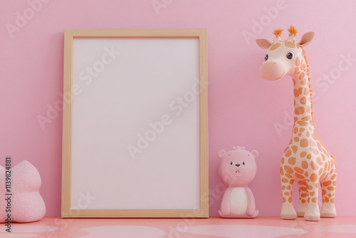 Blank wooden frame mockup in a pink nursery, featuring a giraffe toy, a bear, and playful room decor photo