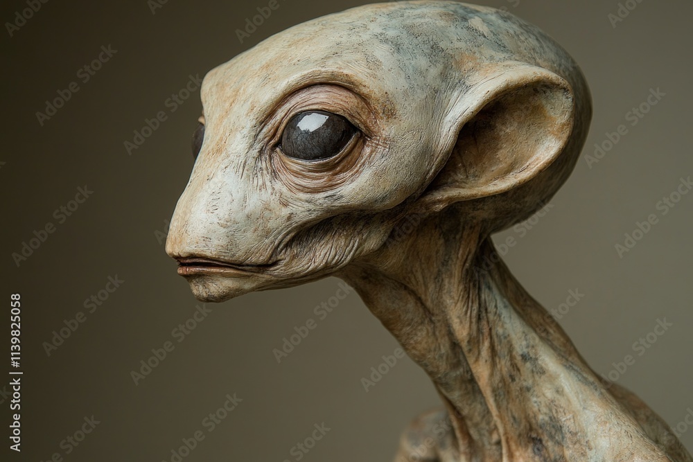 A detailed sculpture of an alien being showcases large, expressive eyes and a slender neck, emphasizing its unique features. The muted background highlights the artistry of the creation A detailed sculpture of an alien being showcases large, expressive eyes and a slender neck, emphasizing its unique features. The muted background highlights the artistry of the creation