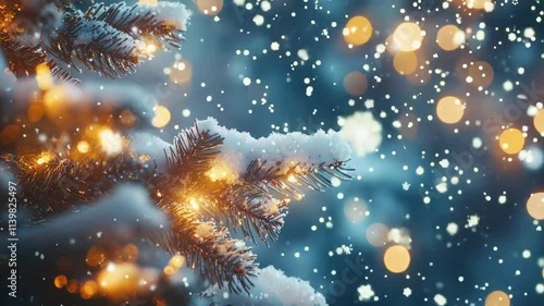 Wallpaper Mural A serene winter scene featuring a snow-capped pine tree branch adorned with golden glowing lights, accompanied by softly falling snowflakes, creating a magical and peaceful holiday season ambiance. Torontodigital.ca