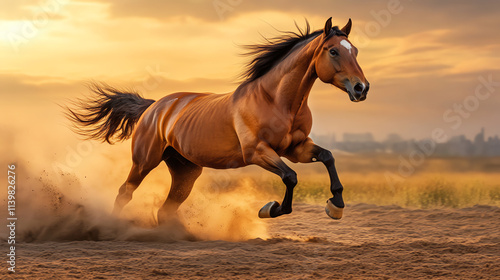 Wild horse running in golden dust sunset photo