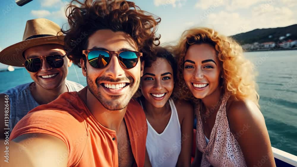 Happy Smiling Friends Taking a Selfie on Sunny Beach Vacation with Hats and Sunglasses Happy Smiling Friends Taking a Selfie on Sunny Beach Vacation with Hats and Sunglasses