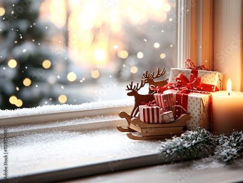 Memories ornaments nostalgia concept. A cozy winter scene featuring festive decorations, gifts, and candles on a frosted windowsill with a snowy background and warm lights. photo