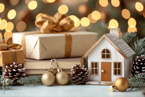 Memories ornaments nostalgia concept. Festive scene featuring wrapped gifts, a decorative house, and pine cones, creating a warm holiday atmosphere with bokeh lights.