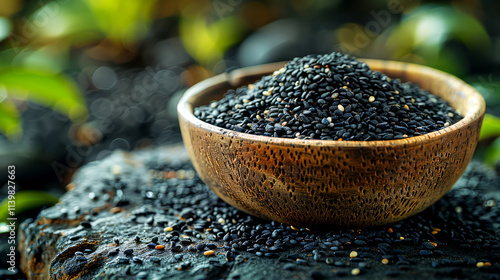 Black sesame seeds in a wooden bowl on a black stone background.