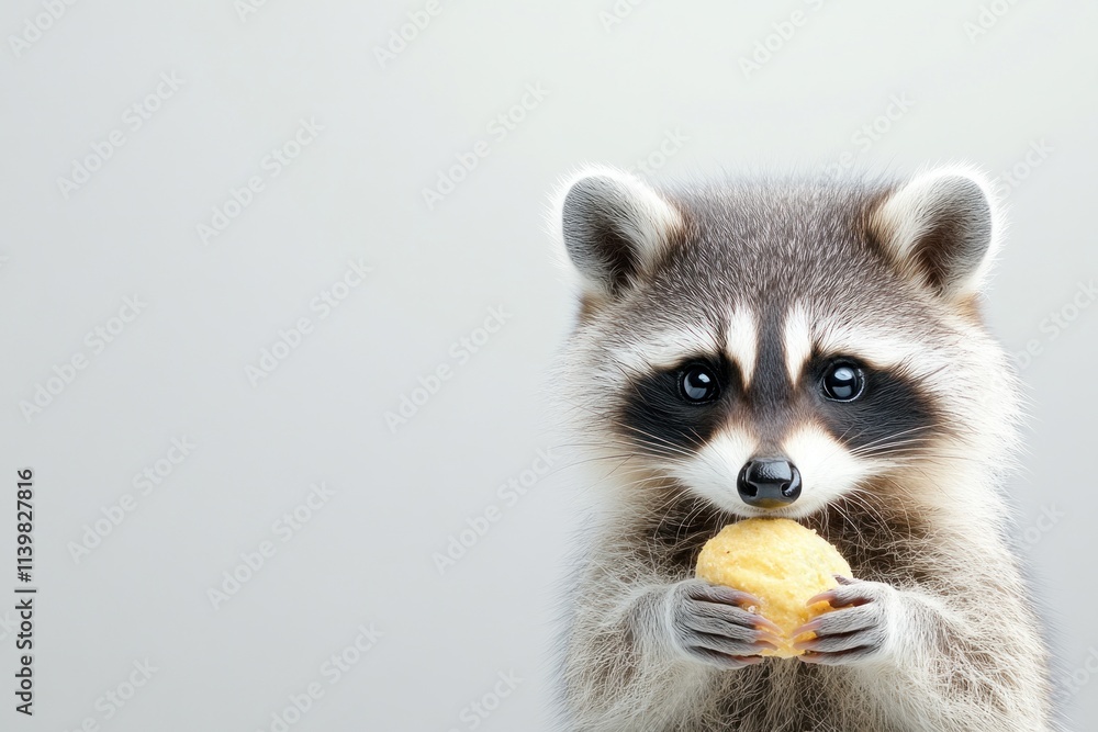Fototapeta premium A young raccoon stands against a pale background, curiously holding a small snack. Its wide eyes and fluffy fur create an adorable visual, emphasizing its playful nature