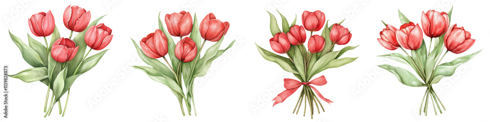 Obraz premium A series of bouquets featuring vibrant red tulips with lush green leaves, beautifully arranged for visual appeal, white background, transparent background.