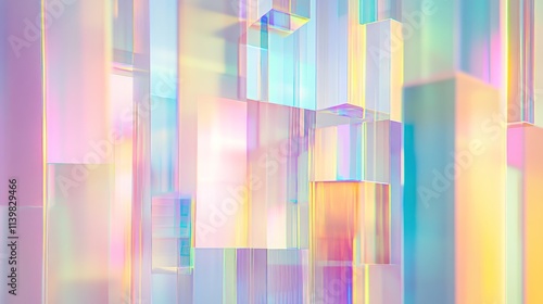 Fototapeta Naklejka Na Ścianę i Meble -  Abstract geometric shapes, iridescent glass blocks, pastel colors,  modern design,  3d render.