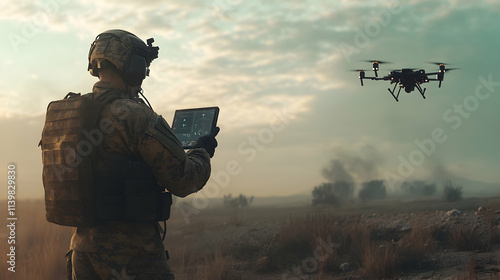 Futuristic military concept featuring a soldier using drone technology for surveillance