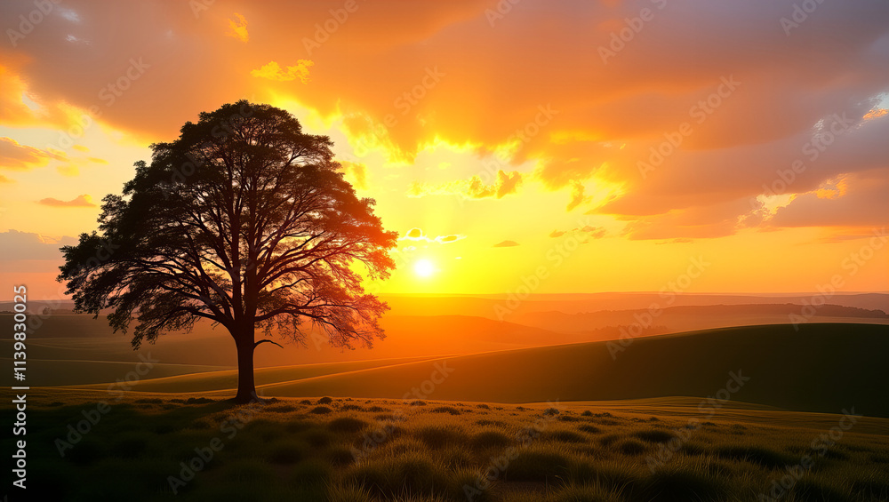 Fototapeta premium Majestic Tree Silhouette at Sunset Over Rolling Hills