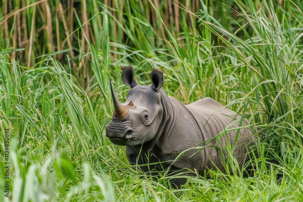 A powerful image of a rhinoceros with its horn prominently displayed A powerful image of a rhinoceros with its horn prominently displayed