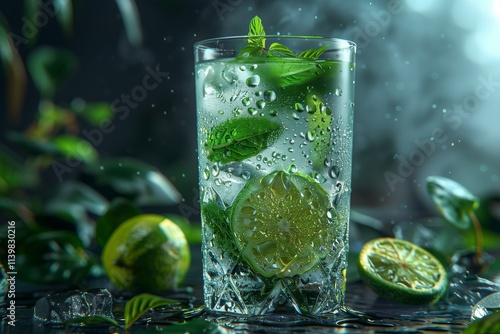 Refreshing mint and lime drink with condensation in a glass, perfect for summer delight. photo