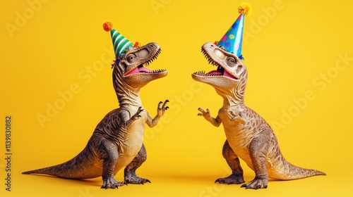 Fototapeta Naklejka Na Ścianę i Meble -  Two dinosaurs in birthday hats, partying on a bright yellow background, celebrating with joy.
