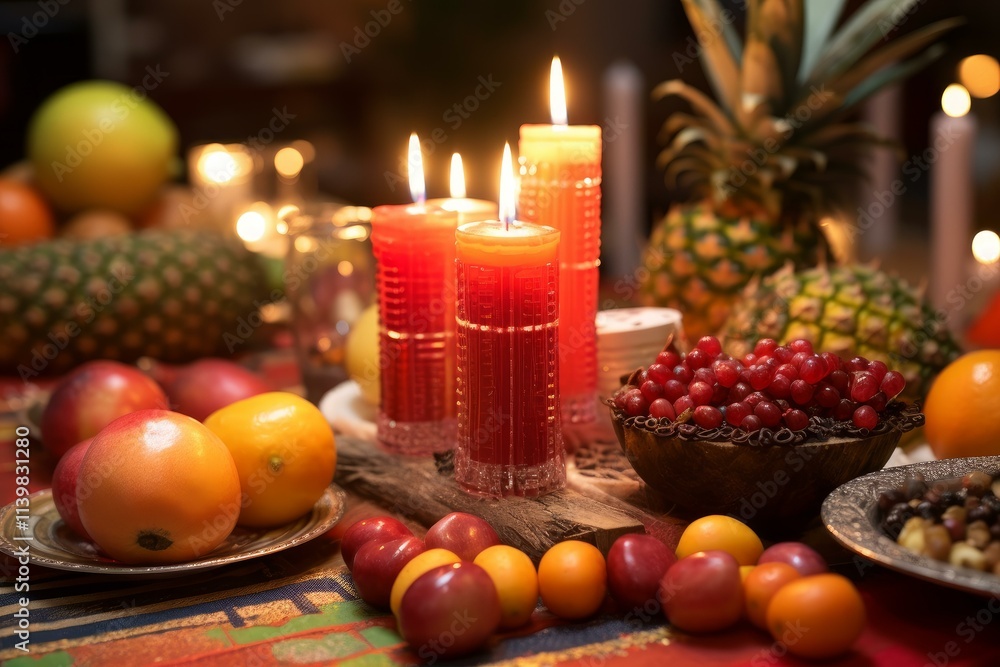 Red candles burning brightly on a festive table setting adorned with pineapples, citrus fruits, red berries, and nuts, creating a warm and inviting atmosphere Red candles burning brightly on a festive table setting adorned with pineapples, citrus fruits, red berries, and nuts, creating a warm and inviting atmosphere