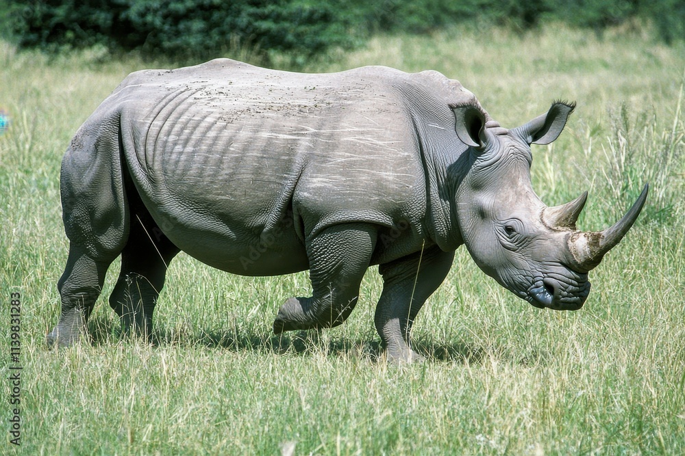 Obraz premium A powerful image of a rhinoceros with its horn prominently displayed