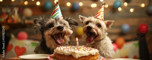 Two dogs with party hats sharing a birthday cake in a delightful, festive scene.