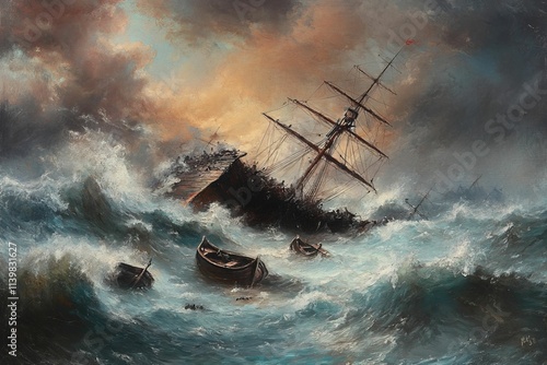 Shipwreck amidst turbulent ocean waves, small boats adrift. photo