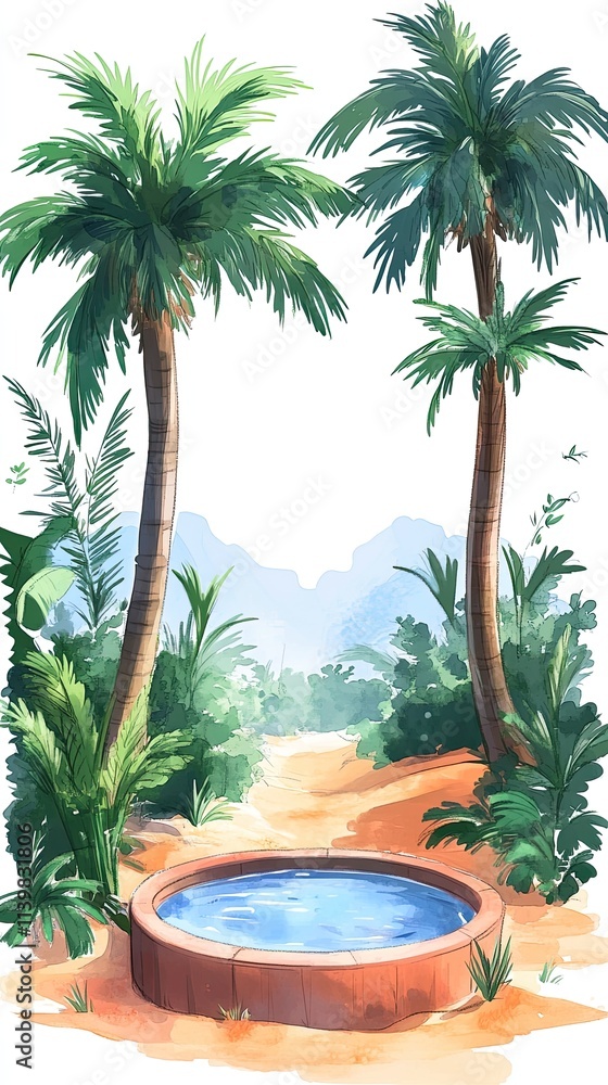 Fototapeta premium Two palm trees frame a small pool of water in a desert landscape.