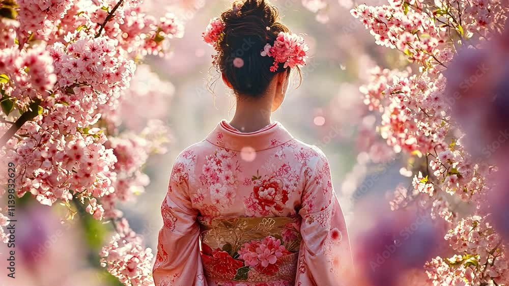 Serene Beauty Amidst Cherry Blossoms: A woman in a traditional pink kimono stands gracefully in a breathtaking garden, surrounded by vibrant cherry blossoms.