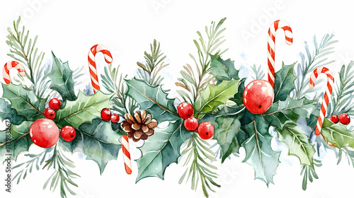 Watercolor Christmas garland with holly, berries, pine cones, candy canes and snow.