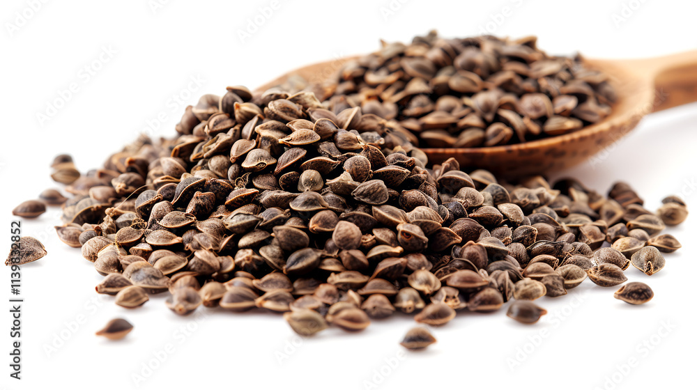 Hemp seeds in a wooden spoon isolated on white background. Macro. Hemp seeds in a wooden spoon isolated on white background. Macro.