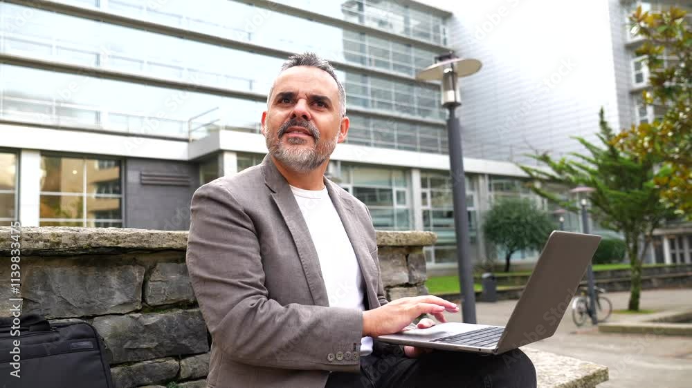 Collage showcasing a businessman working on a laptop in an urban setting, highlighting modern professional life and connectivity Collage showcasing a businessman working on a laptop in an urban setting, highlighting modern professional life and connectivity