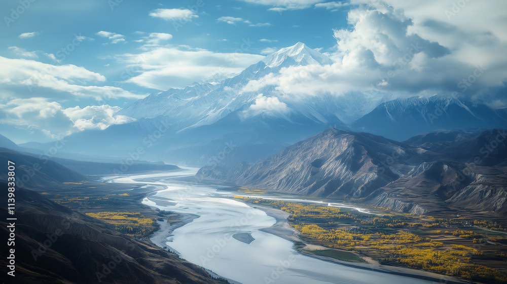 From lofty heights, the endless river flows. Yellow clouds stretch, wind-stirred, while white waves rush past snow-capped mountains. From lofty heights, the endless river flows. Yellow clouds stretch, wind-stirred, while white waves rush past snow-capped mountains.