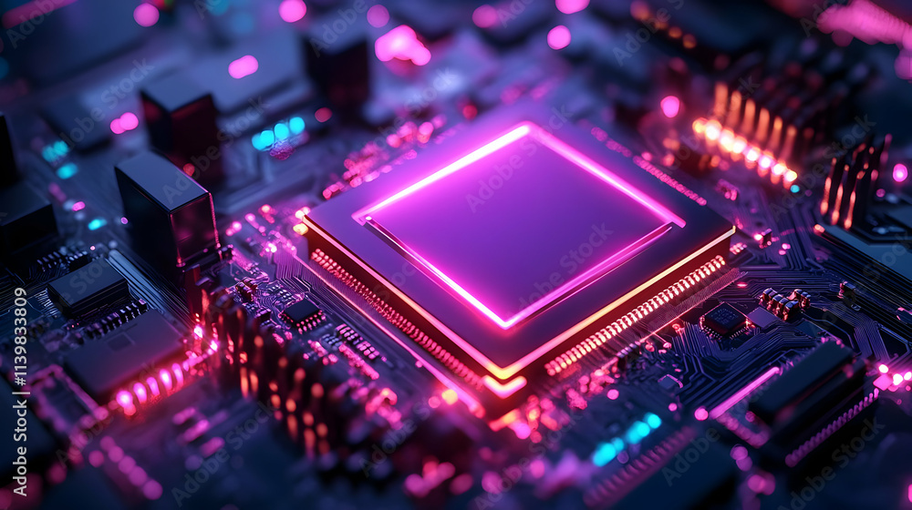 Neon Glow 3D Render of a Computer Chip Neon Glow 3D Render of a Computer Chip