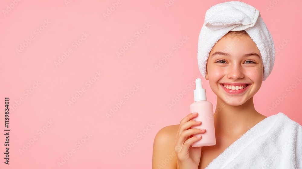 Skincare Routine for Kid and Teen Concept, Cheerful Teen Smiling with Towel Wrapped Around Hair and Holding Pink Bottle in Relaxed Mood Skincare Routine for Kid and Teen Concept, Cheerful Teen Smiling with Towel Wrapped Around Hair and Holding Pink Bottle in Relaxed Mood