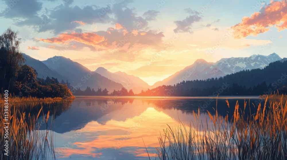 Fototapeta premium Tranquil sunset reflection over a calm lakeside scene with reeds nature landscape peaceful view warm hues