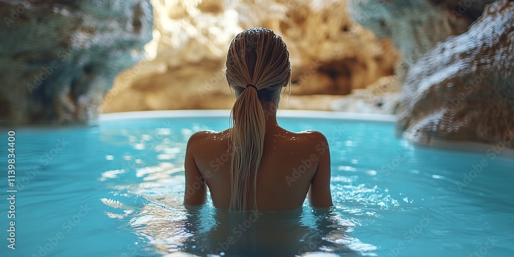 a medium shot of a woman enjoy in a natural balneary a medium shot of a woman enjoy in a natural balneary