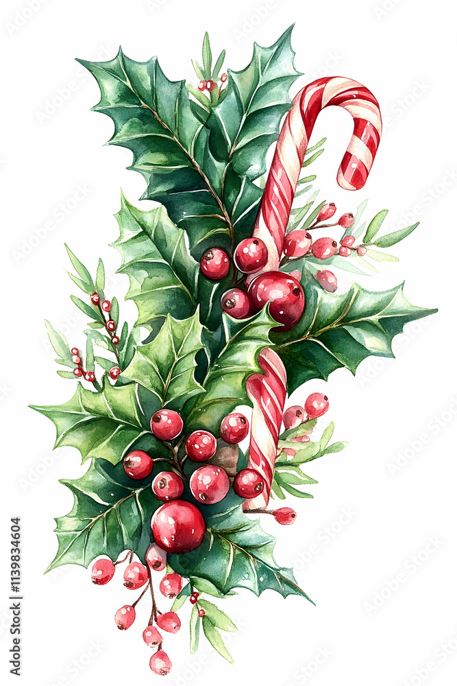 Obraz premium Watercolor Christmas holly, berries, candy cane arrangement.